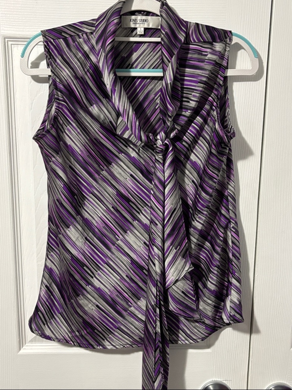 Jones Studio Purple Black Gray Striped Tie-Neck Sleeveless Blouse